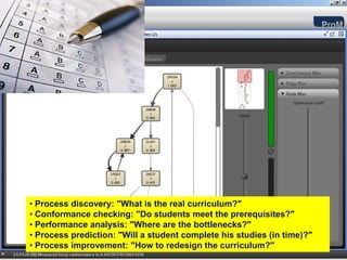 • Process discovery: "What is the real curriculum?"
• Conformance checking: "Do students meet the prerequisites?"
• Performance analysis: "Where are the bottlenecks?"
• Process prediction: "Will a student complete his studies (in time)?"
• Process improvement: "How to redesign the curriculum?"
                                                                         PAGE 128
 