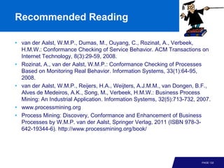 Recommended Reading

• van der Aalst, W.M.P., Dumas, M., Ouyang, C., Rozinat, A., Verbeek,
  H.M.W.: Conformance Checking of Service Behavior. ACM Transactions on
  Internet Technology, 8(3):29-59, 2008.
• Rozinat, A., van der Aalst, W.M.P.: Conformance Checking of Processes
  Based on Monitoring Real Behavior. Information Systems, 33(1):64-95,
  2008.
• van der Aalst, W.M.P., Reijers, H.A., Weijters, A.J.M.M., van Dongen, B.F.,
  Alves de Medeiros, A.K., Song, M., Verbeek, H.M.W.: Business Process
  Mining: An Industrial Application. Information Systems, 32(5):713-732, 2007.
• www.processmining.org
• Process Mining: Discovery, Conformance and Enhancement of Business
  Processes by W.M.P. van der Aalst, Springer Verlag, 2011 (ISBN 978-3-
  642-19344-6). http://www.processmining.org/book/




                                                                          PAGE 132
 
