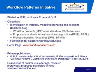 Workflow Patterns Initiative

• Started in 1999, joint work TU/e and QUT
• Objectives:
  • Identification of workflow modeling scenarios and solutions
  • Benchmarking
    − Workflow products (MQ/Series Workflow, Staffware, etc)
    − Proposed standards for web service composition (BPML, BPEL)
    − Process modeling languages (UML, BPMN)
  • Foundation for selecting workflow solutions
• Home Page: www.workflowpatterns.com


• Primary publication:
  • W.M.P. van der Aalst, A.H.M. ter Hofstede, B. Kiepuszewski, A.P. Barros,
    “Workflow Patterns”, Distributed and Parallel Databases 14(3):5-51, 2003.
• Evaluations of commercial offerings, research
  prototypes, proposed standards for web
  service composition, etc                                                 PAGE 17
 