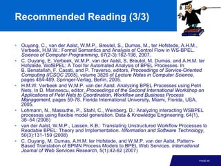 Recommended Reading (3/3)

• Ouyang, C., van der Aalst, W.M.P., Breutel, S., Dumas, M., ter Hofstede, A.H.M.,
  Verbeek, H.M.W.: Formal Semantics and Analysis of Control Flow in WS-BPEL.
  Science of Computer Programming, 67(2-3):162-198, 2007.
• C. Ouyang, E. Verbeek, W.M.P. van der Aalst, S. Breutel, M. Dumas, and A.H.M. ter
  Hofstede. WofBPEL: A Tool for Automated Analysis of BPEL Processes. In
  B. Benatallah, F. Casati, and P. Traverso, editors, Proceedings of Service-Oriented
  Computing (ICSOC 2005), volume 3826 of Lecture Notes in Computer Science,
  pages 484-489. Springer-Verlag, Berlin, 2005.
• H.M.W. Verbeek and W.M.P. van der Aalst. Analyzing BPEL Processes using Petri
  Nets. In D. Marinescu, editor, Proceedings of the Second International Workshop on
  Applications of Petri Nets to Coordination, Workflow and Business Process
  Management, pages 59-78. Florida International University, Miami, Florida, USA,
  2005.
• Lohmann, N., Massuthe, P., Stahl, C., Weinberg, D.: Analyzing interacting WSBPEL
  processes using flexible model generation. Data & Knowledge Engineering, 64(1),
  38–54 (2008)
• van der Aalst, W.M.P., Lassen, K.B.: Translating Unstructured Workflow Processes to
  Readable BPEL: Theory and Implementation. Information and Software Technology,
  50(3):131-159 (2008)
• C. Ouyang, M. Dumas, A.H.M. ter Hofstede, and W.M.P. van der Aalst. Pattern-
  Based Translation of BPMN Process Models to BPEL Web Services. International
  Journal of Web Services Research, 5(1):42-62 (2007)
                                                                                 PAGE 49
 