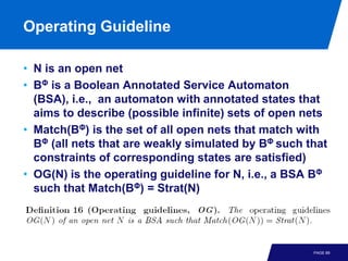 Operating Guideline

• N is an open net
• BΦ is a Boolean Annotated Service Automaton
  (BSA), i.e., an automaton with annotated states that
  aims to describe (possible infinite) sets of open nets
• Match(BΦ) is the set of all open nets that match with
  BΦ (all nets that are weakly simulated by BΦ such that
  constraints of corresponding states are satisfied)
• OG(N) is the operating guideline for N, i.e., a BSA BΦ
  such that Match(BΦ) = Strat(N)




                                                     PAGE 89
 