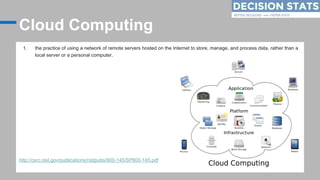 Cloud Computing
1. the practice of using a network of remote servers hosted on the Internet to store, manage, and process ...