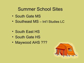 South Gate MS Southeast MS  – Int’l Studies LC South East HS South Gate HS Maywood AHS ??? Summer School Sites 