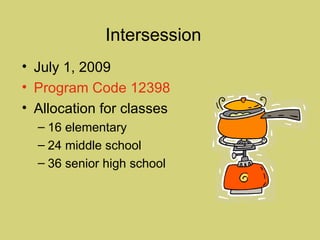 July 1, 2009 Program Code 12398 Allocation for classes 16 elementary 24 middle school 36 senior high school Intersession 