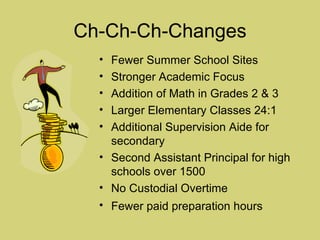 Ch-Ch-Ch-Changes Fewer Summer School Sites Stronger Academic Focus Addition of Math in Grades 2 & 3 Larger Elementary Classes 24:1 Additional Supervision Aide for secondary Second Assistant Principal for high schools over 1500 No Custodial Overtime Fewer paid preparation hours   