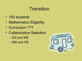 150 students Mathematics Eligibility Curriculum ??? Collaborative Selection ES and MS MS and HS Transition 