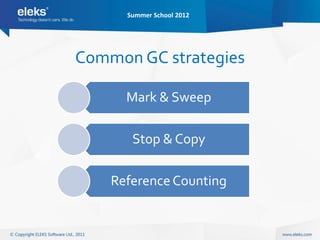 Summer School 2012




Common GC strategies

      Mark & Sweep

       Stop & Copy

    Reference Counting
 
