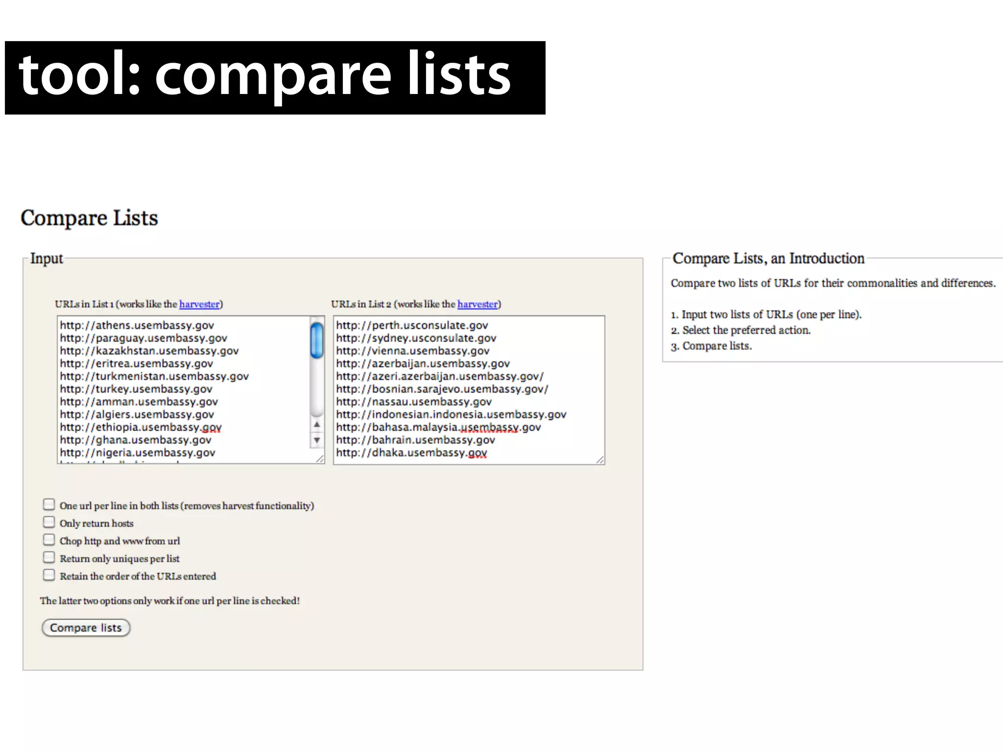 tool: compare lists
 