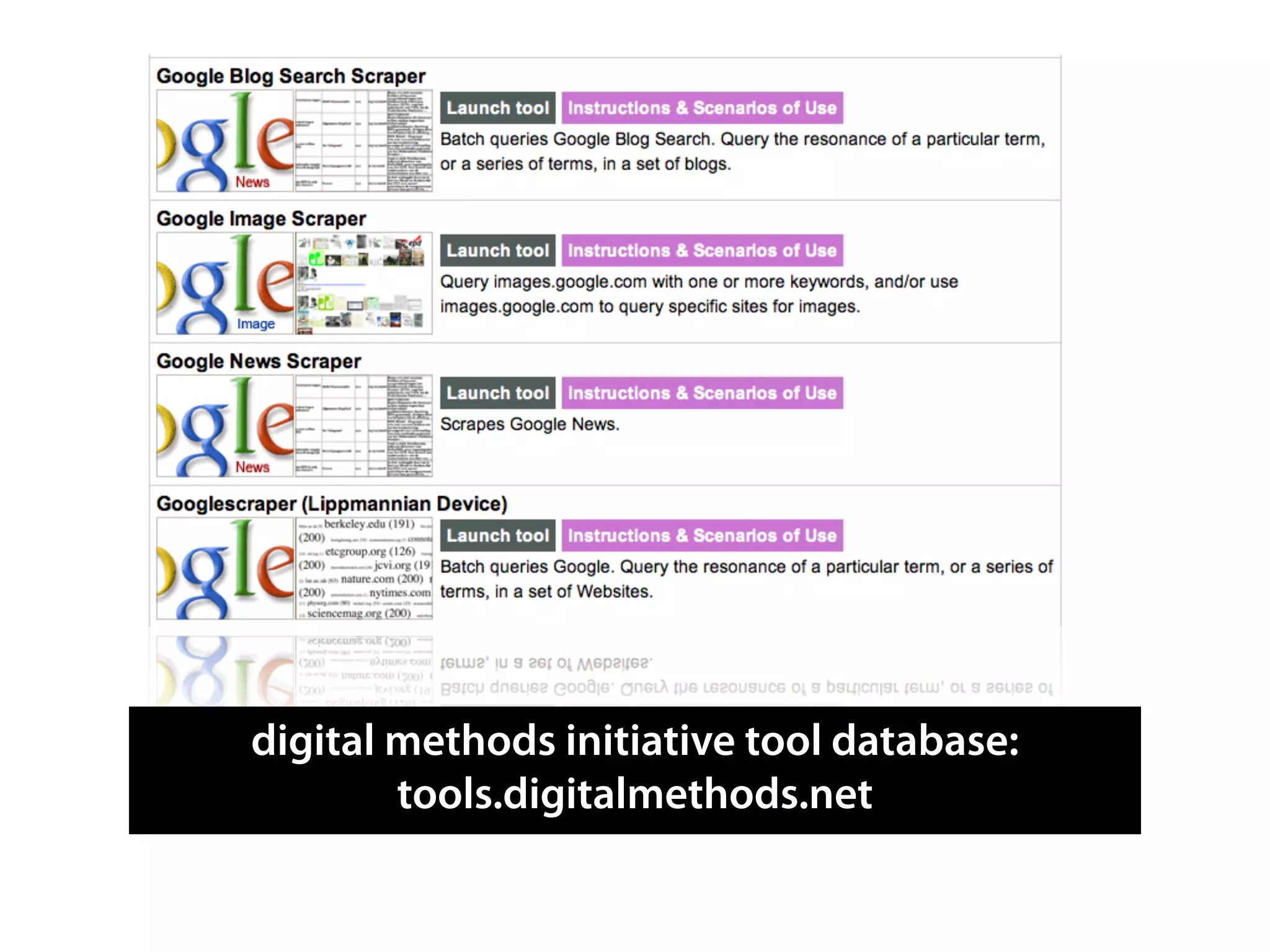 digital methods initiative tool database:
        tools.digitalmethods.net
 