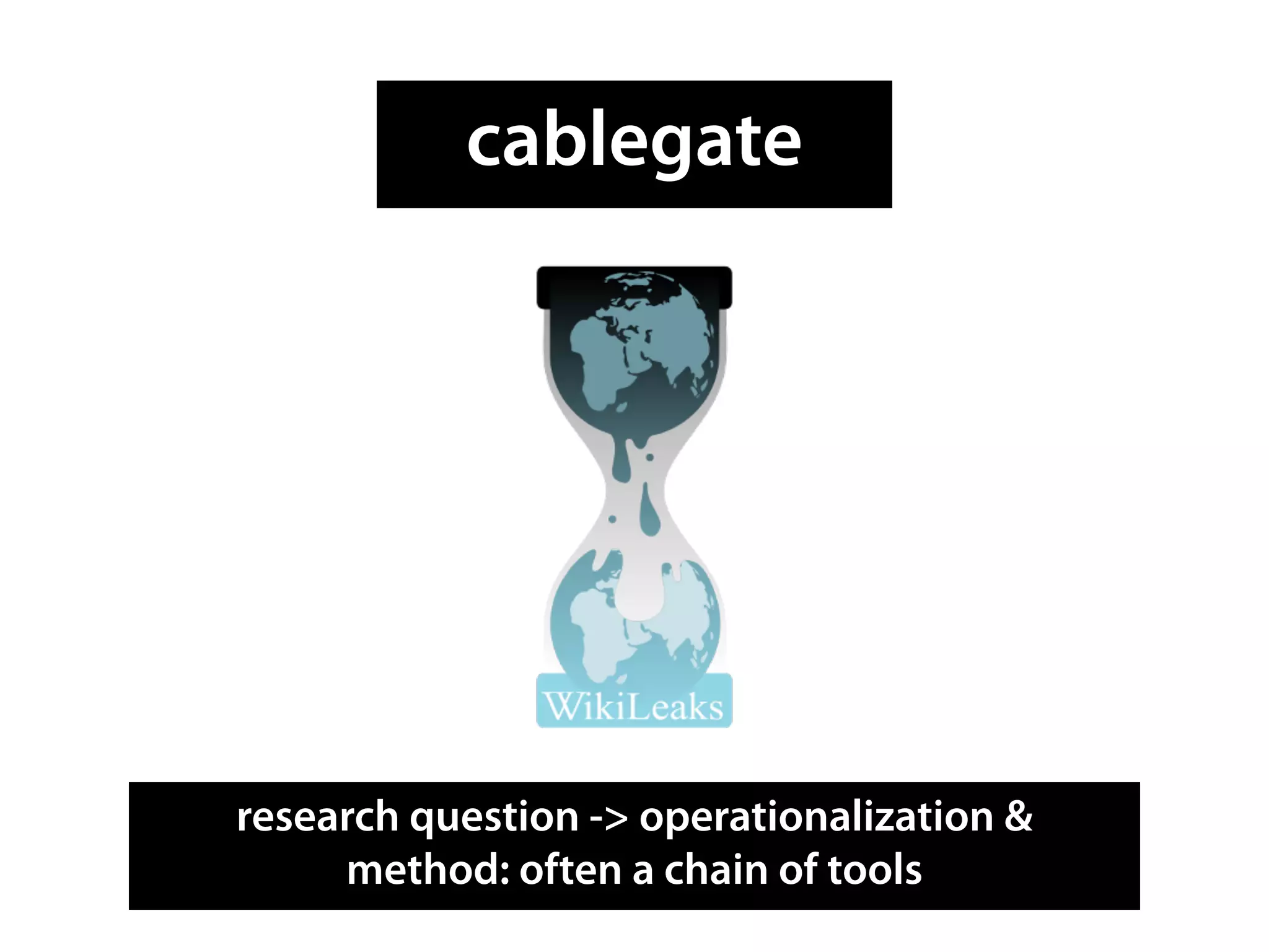 cablegate




research question -> operationalization &
     method: often a chain of tools
 