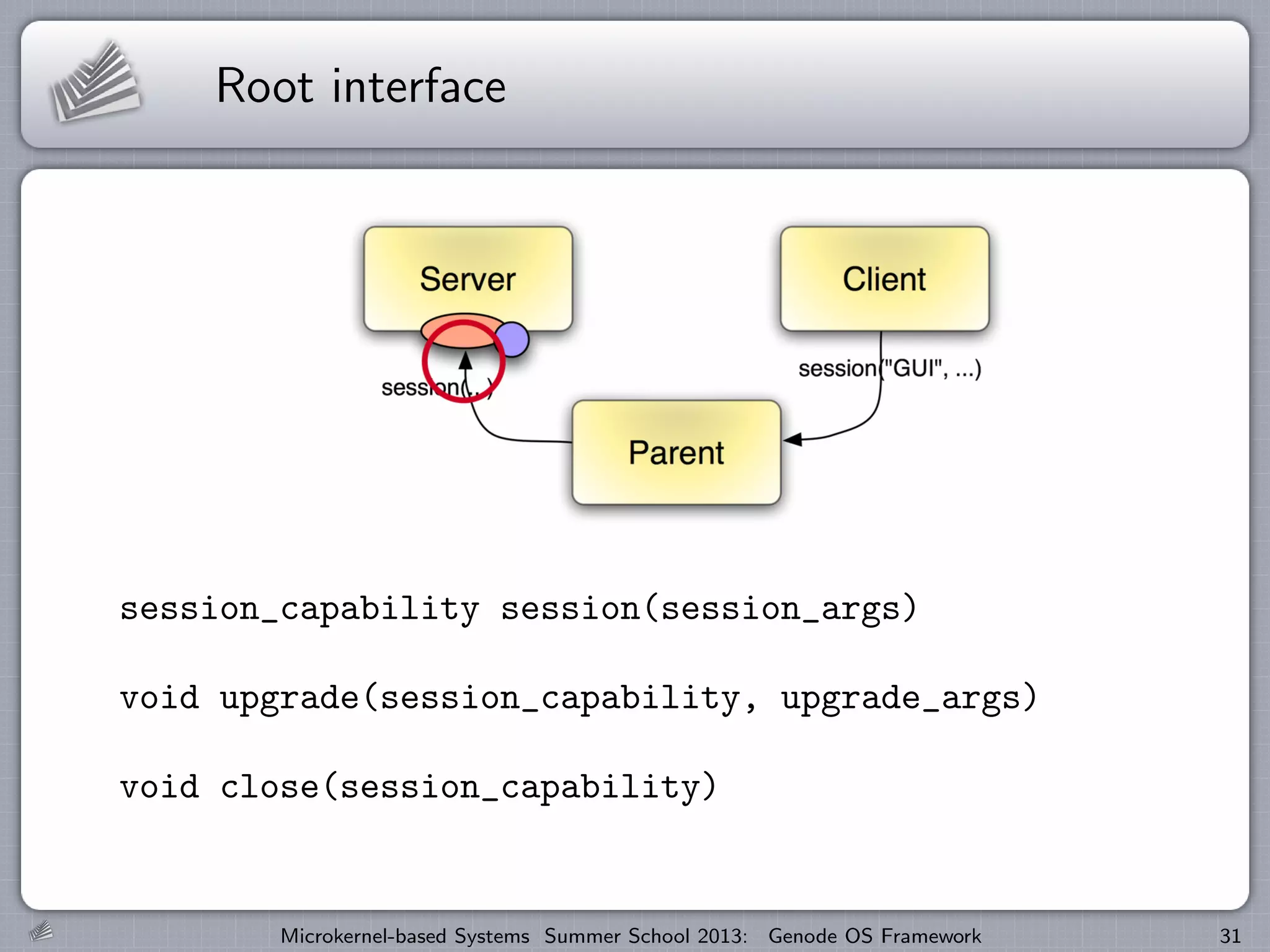 Root interface
session_capability session(session_args)
void upgrade(session_capability, upgrade_args)
void close(session_capability)
Microkernel-based Systems Summer School 2013: Genode OS Framework 31
 