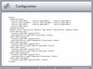 Configuration
<config>
<parent-provides>
<service name="ROM"/> <service name="RAM"/> <service name="IRQ"/>
<service name="IO_MEM"/> <service name="IO_PORT"/> <service name="CAP"/>
<service name="PD"/> <service name="RM"/> <service name="CPU"/>
<service name="LOG"/>
</parent-provides>
<default-route> <any-service> <parent/> <any-child/> </any-service> </default-route>
<start name="pci_drv">
<resource name="RAM" quantum="1M"/>
<provides><service name="PCI"/></provides> </start>
<start name="vesa_drv">
<resource name="RAM" quantum="1M"/>
<provides><service name="Framebuffer"/></provides> </start>
<start name="ps2_drv">
<resource name="RAM" quantum="1M"/>
<provides><service name="Input"/></provides> </start>
<start name="timer">
<resource name="RAM" quantum="1M"/>
<provides><service name="Timer"/></provides> </start>
<start name="nitpicker">
<resource name="RAM" quantum="1M"/>
<provides><service name="Nitpicker"/></provides> </start>
<start name="launchpad">
<resource name="RAM" quantum="32M"/> </start>
</config>
Microkernel-based Systems Summer School 2013: Genode OS Framework 46
 