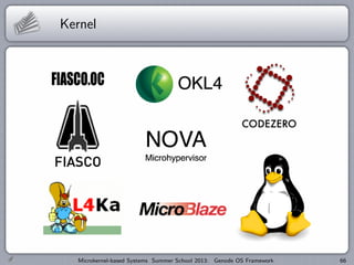 Kernel
Microkernel-based Systems Summer School 2013: Genode OS Framework 66
 