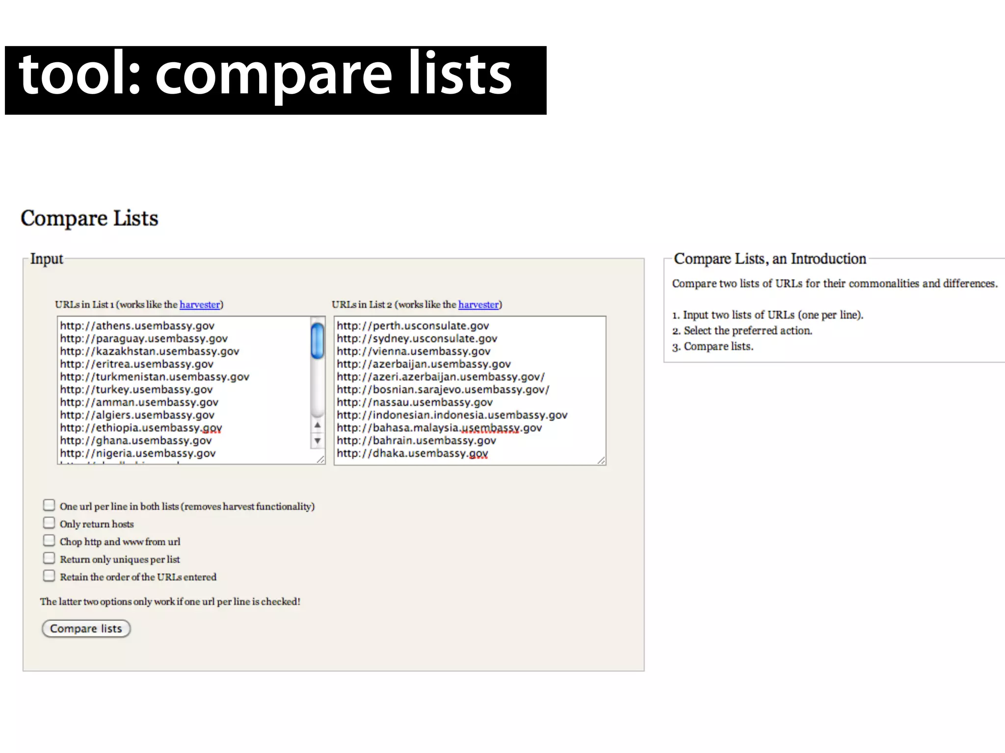 tool: compare lists
 