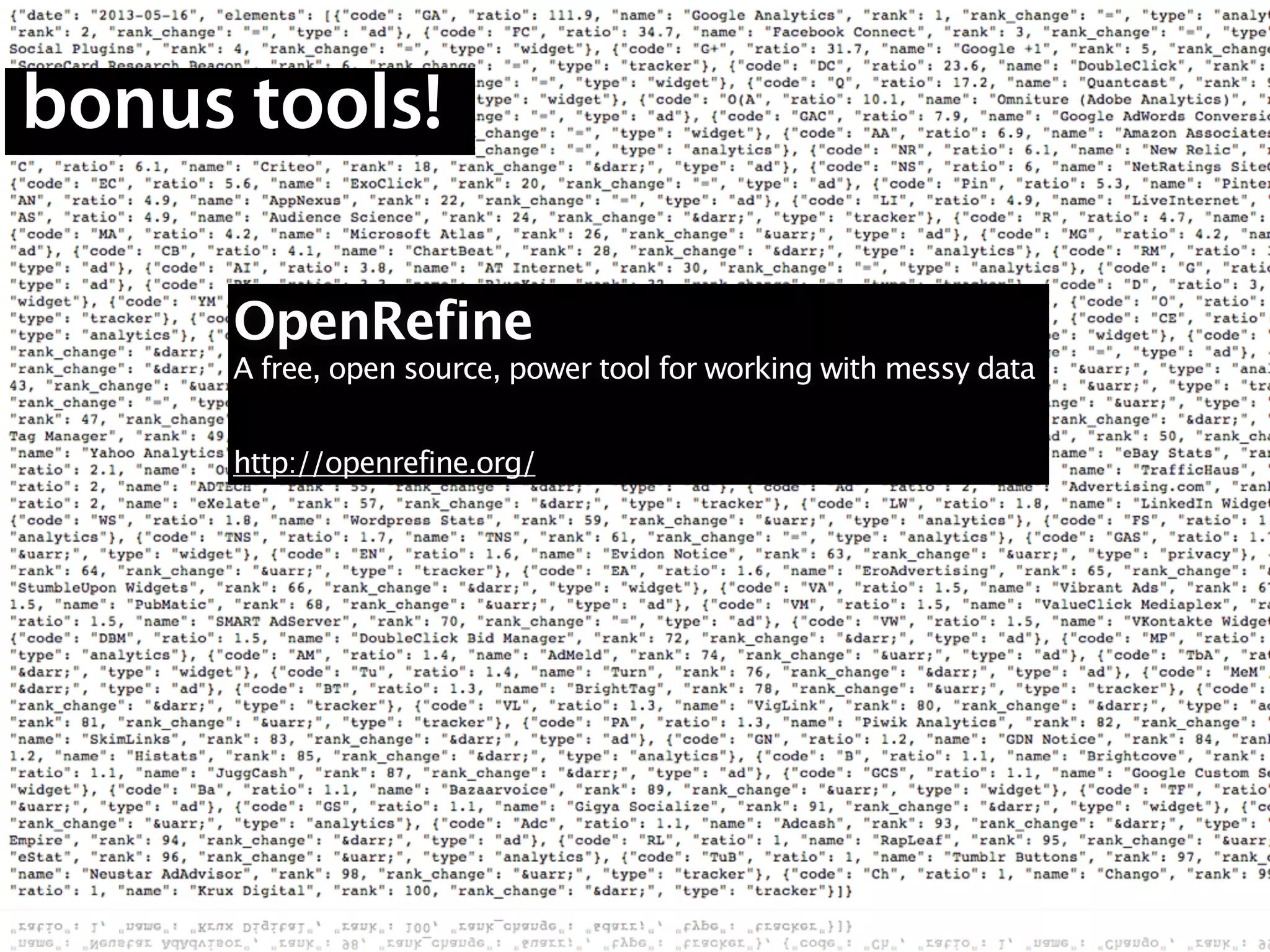 bonus tools!
OpenRefine
A free, open source, power tool for working with messy data
!
http://openrefine.org/
 