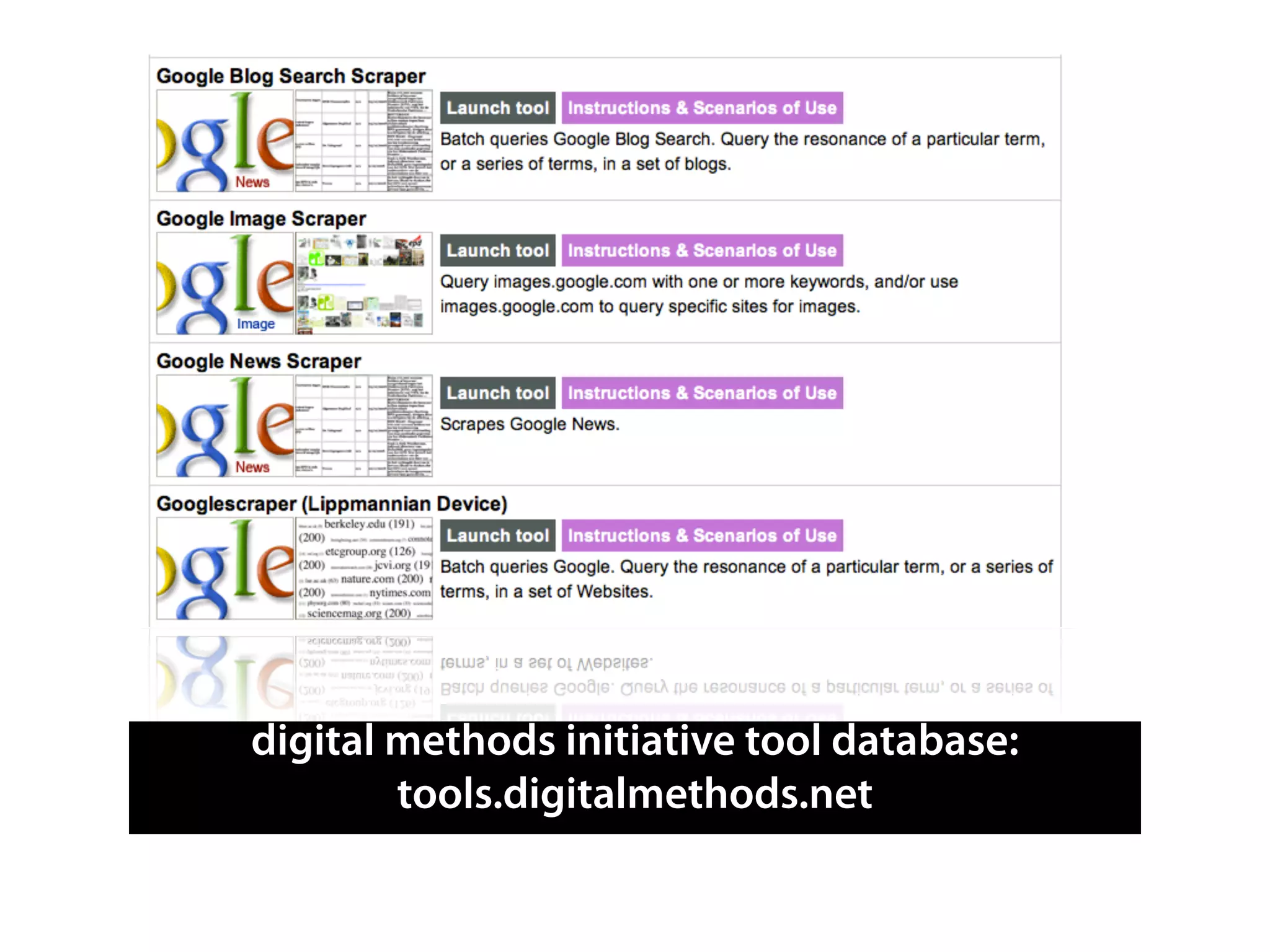 digital methods initiative tool database:
tools.digitalmethods.net
 