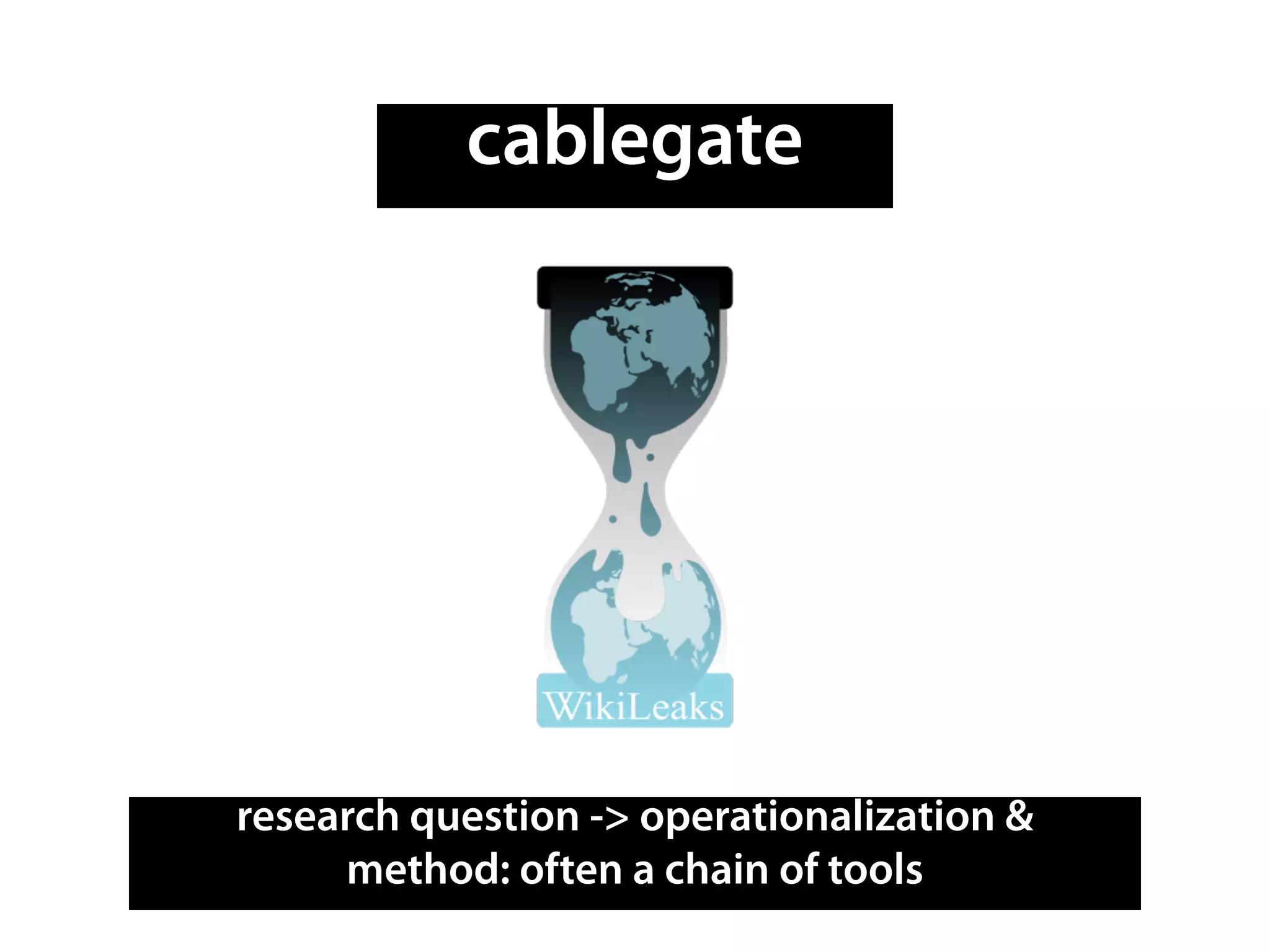 research question -> operationalization &
method: often a chain of tools
cablegate
 