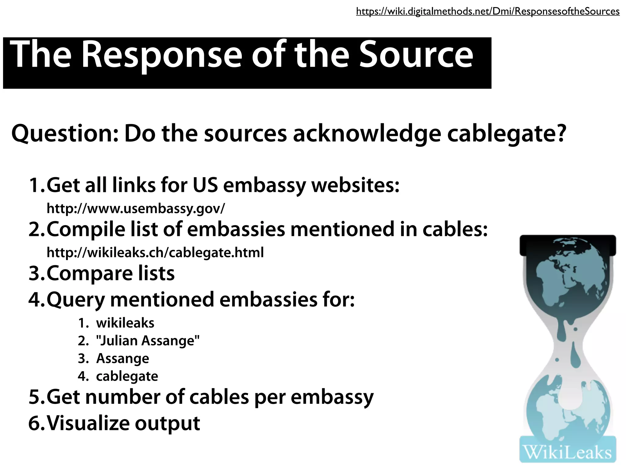 Question: Do the sources acknowledge cablegate?
The Response of the Source
1.Get all links for US embassy websites:  
http://www.usembassy.gov/
2.Compile list of embassies mentioned in cables:
http://wikileaks.ch/cablegate.html
3.Compare lists
4.Query mentioned embassies for:
1. wikileaks
2. "Julian Assange"
3. Assange
4. cablegate
5.Get number of cables per embassy
6.Visualize output
https://wiki.digitalmethods.net/Dmi/ResponsesoftheSources
 