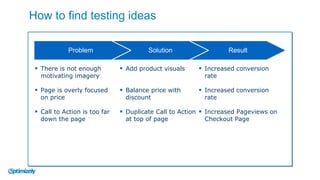  There is not enough
motivating imagery
 Page is overly focused
on price
 Call to Action is too far
down the page
Problem Solution Result
How to find testing ideas
 Add product visuals
 Balance price with
discount
 Duplicate Call to Action
at top of page
 Increased conversion
rate
 Increased conversion
rate
 Increased Pageviews on
Checkout Page
 