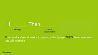 If______ Then______ Due to______
change result
(quantifiable)
rationale
IF we add a size calculator to every product page THEN the conversion
rate will increase
 