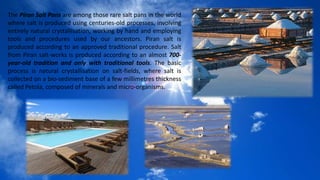 The Piran Salt Pans are among those rare salt pans in the world
where salt is produced using centuries-old processes, involving
entirely natural crystallisation, working by hand and employing
tools and procedures used by our ancestors. Piran salt is
produced according to an approved traditional procedure. Salt
from Piran salt-works is produced according to an almost 700year-old tradition and only with traditional tools. The basic
process is natural crystallisation on salt-fields, where salt is
collected on a bio-sediment base of a few millimetres thickness
called Petola, composed of minerals and micro-organisms.

 