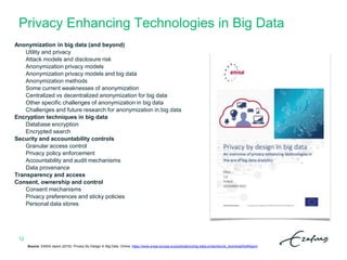 Privacy Enhancing Technologies in Big Data
12
Anonymization in big data (and beyond)
Utility and privacy
Attack models and disclosure risk
Anonymization privacy models
Anonymization privacy models and big data
Anonymization methods
Some current weaknesses of anonymization
Centralized vs decentralized anonymization for big data
Other specific challenges of anonymization in big data
Challenges and future research for anonymization in big data
Encryption techniques in big data
Database encryption
Encrypted search
Security and accountability controls
Granular access control
Privacy policy enforcement
Accountability and audit mechanisms
Data provenance
Transparency and access
Consent, ownership and control
Consent mechanisms
Privacy preferences and sticky policies
Personal data stores
Source: ENISA report (2015): Privacy By Design In Big Data. Online: https://www.enisa.europa.eu/publications/big-data-protection/at_download/fullReport
 