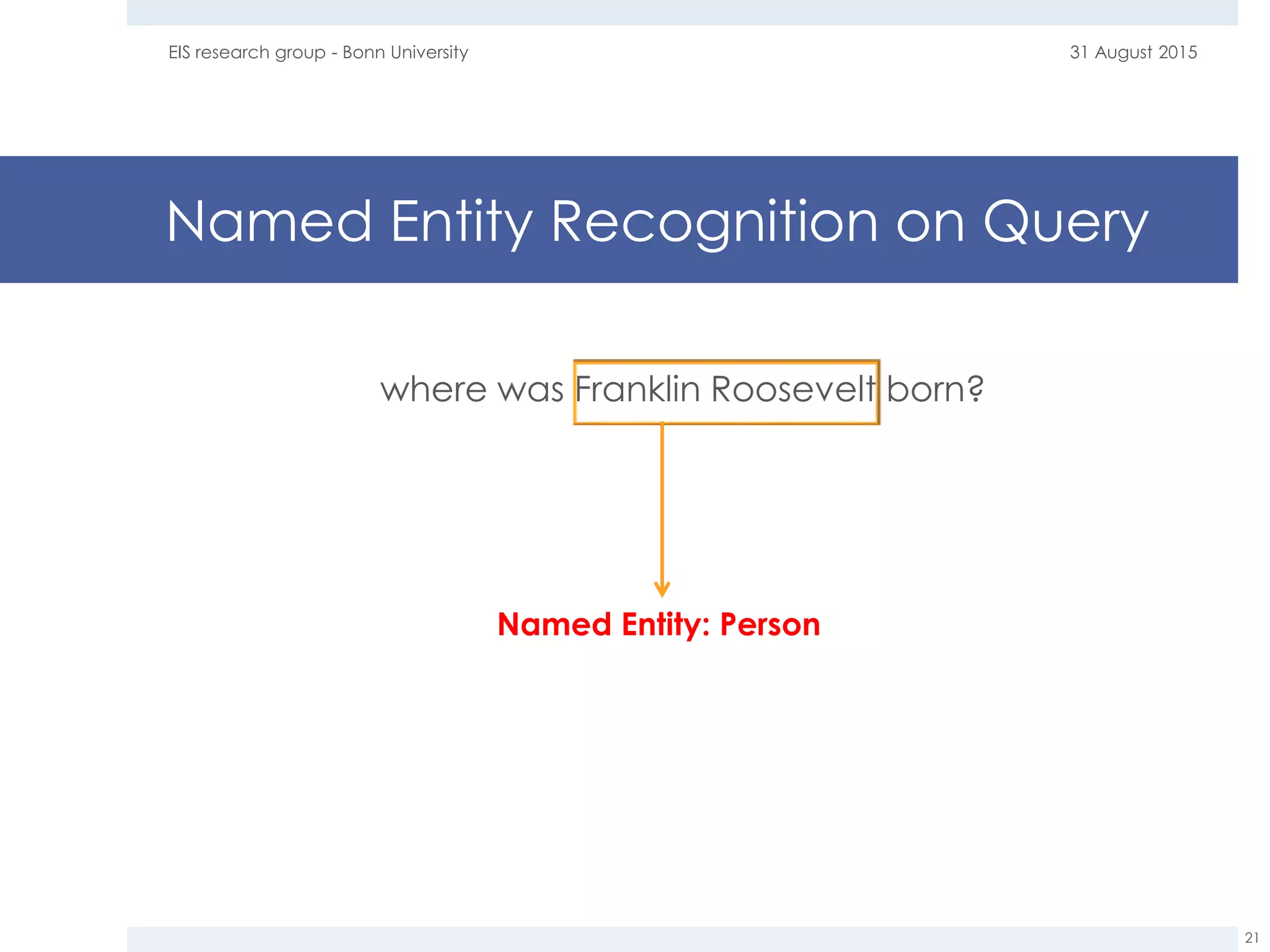 Named Entity Recognition on Query
where was Franklin Roosevelt born?
31 August 2015EIS research group - Bonn University
21
Named Entity: Person
 