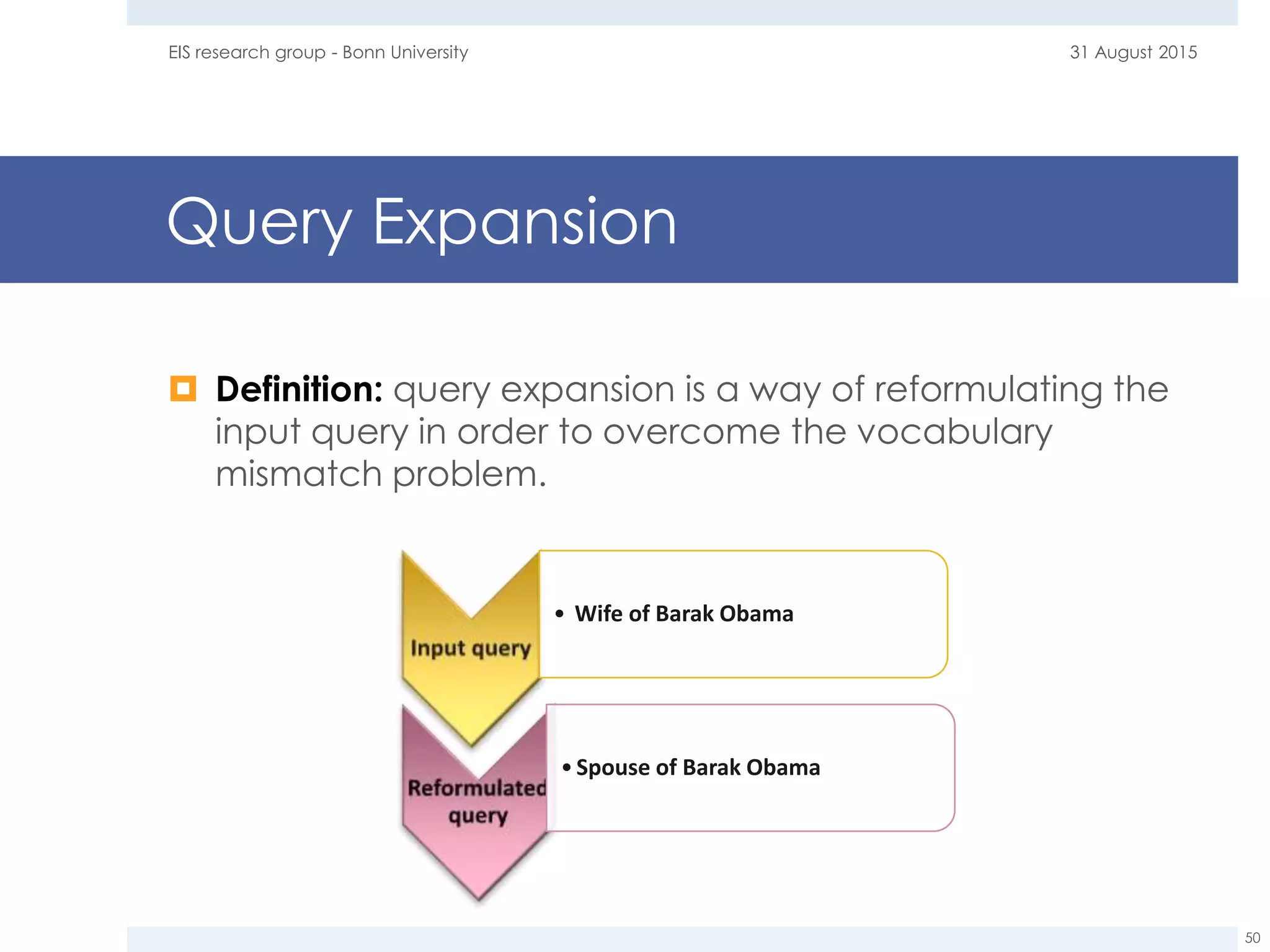 Query Expansion
 Definition: query expansion is a way of reformulating the
input query in order to overcome the vocabulary
mismatch problem.
31 August 2015EIS research group - Bonn University
50
• Wife of Barak Obama
•Spouse of Barak Obama
 
