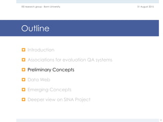 Outline
 Introduction
 Associations for evaluation QA systems
 Preliminary Concepts
 Data Web
 Emerging Concepts
 Deeper view on SINA Project
31 August 2015EIS research group - Bonn University
17
 