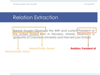 Relation Extraction
Barack Hussein Obama is the 44th and current President of
the United States. Born in Honolulu, Hawaii, Obama is a
graduate of Columbia University and Harvard Law School.
31 August 2015EIS research group - Bonn University
22
Named Entity: Person
Named Entity: Place
Relation: President of
 