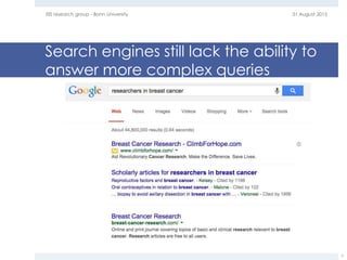 Search engines still lack the ability to
answer more complex queries
31 August 2015EIS research group - Bonn University
7
 