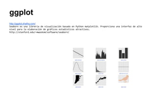 ggplot
http://ggplot.yhathq.com/
Seaborn es una librería de visualización basado en Python matplotlib. Proporciona una interfaz de alto
nivel para la elaboración de gráficos estadísticos atractivos.
http://stanford.edu/~mwaskom/software/seaborn/
 