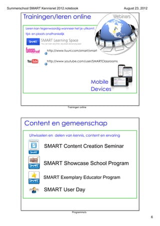 Summerschool SMART Kennisnet 2012.notebook                               August 23, 2012

         Trainingen/leren online
           Leren kan tegenwoordig wanneer het je uitkomt:
           tijd­ en plaats onafhankelijk




                           http://www.fuuni.com/smart/smart


                           http://www.youtube.com/user/SMARTClassrooms




                                                               Mobile
                                                               Devices


                                           Trainingen online




          Content en gemeenschap
             Uitwisselen en delen van kennis, content en ervaring


                        SMART Content Creation Seminar


                        SMART Showcase School Program

                        SMART Exemplary Educator Program

                        SMART User Day



                                              Programma's

                                                                                           6
 