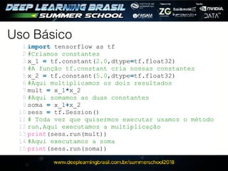 1
2
3
4
5
6
7
8
9
10
11
12
13
14
15
import tensorflow as tf
#Criamos constantes
x_1 = tf.constant(2.0,dtype=tf.float32)
#A função tf.constant cria nossas constantes
x_2 = tf.constant(5.0,dtype=tf.float32)
#Aqui multiplicamos os dois resultados
mult = x_1*x_2
#Aqui somamos as duas constantes
soma = x_1+x_2
sess = tf.Session()
# Toda vez que quisermos executar usamos o método
run,Aqui executamos a multiplicação
print(sess.run(mult))
#Aqui executamos a soma
print(sess.run(soma))
Uso Básico
 