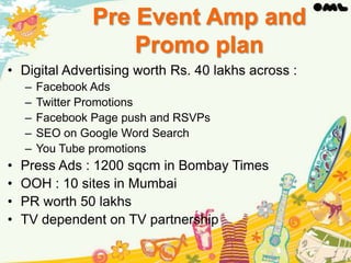 Pre Event Amp and
Promo plan
• Digital Advertising worth Rs. 40 lakhs across :
–
–
–
–
–

•
•
•
•

Facebook Ads
Twitter Promotions
Facebook Page push and RSVPs
SEO on Google Word Search
You Tube promotions

Press Ads : 1200 sqcm in Bombay Times
OOH : 10 sites in Mumbai
PR worth 50 lakhs
TV dependent on TV partnership

 