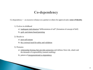 1) Evolves in childhood
a) inadequate individuation/“differentiation of self” (formation of concept of Self)
b) guilt- and shame-based parenting
2) Results in
a) poor self-esteem
b) the continual need for safety and validation
3) Promotes
a) relationship-forming that provides protection and defense from risk, attack and
the demands of responsibility (mutual enabling)
b) pattern of intergenerational co-dependency
35
Co-dependency = an excessive reliance on a partner or others for approval and a sense of identity
 