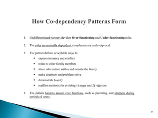 37
1. Undifferentiated partners develop Over-functioning and Under-functioning roles.
2. The roles are mutually dependent, complementary and reciprocal.
3. The pattern defines acceptable ways to
 express intimacy and conflict
 relate to other family members
 share information within and outside the family
 make decisions and problem-solve
 demonstrate loyalty
 reaffirm methods for avoiding 1) anger and 2) rejection
3. The pattern hardens around core functions, such as parenting, and sharpens during
periods of stress.
How Co-dependency Patterns Form
 