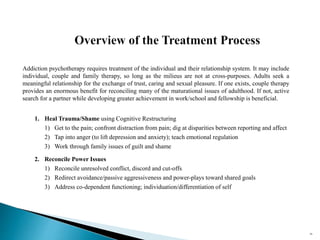 Addiction psychotherapy requires treatment of the individual and their relationship system. It may include
individual, couple and family therapy, so long as the milieus are not at cross-purposes. Adults seek a
meaningful relationship for the exchange of trust, caring and sexual pleasure. If one exists, couple therapy
provides an enormous benefit for reconciling many of the maturational issues of adulthood. If not, active
search for a partner while developing greater achievement in work/school and fellowship is beneficial.
1. Heal Trauma/Shame using Cognitive Restructuring
1) Get to the pain; confront distraction from pain; dig at disparities between reporting and affect
2) Tap into anger (to lift depression and anxiety); teach emotional regulation
3) Work through family issues of guilt and shame
2. Reconcile Power Issues
1) Reconcile unresolved conflict, discord and cut-offs
2) Redirect avoidance/passive aggressiveness and power-plays toward shared goals
3) Address co-dependent functioning; individuation/differentiation of self
59
 