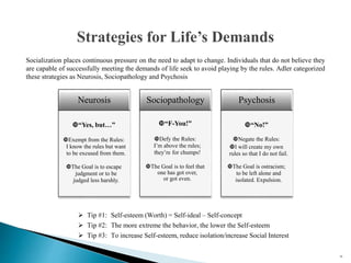 36
Socialization places continuous pressure on the need to adapt to change. Individuals that do not believe they
are capable of successfully meeting the demands of life seek to avoid playing by the rules. Adler categorized
these strategies as Neurosis, Sociopathology and Psychosis
Strategies for Life’s Demands
Neurosis
“Yes, but…”
Exempt from the Rules:
I know the rules but want
to be excused from them.
The Goal is to escape
judgment or to be
judged less harshly.
Sociopathology
“F-You!”
Defy the Rules:
I’m above the rules;
they’re for chumps!
The Goal is to feel that
one has got over,
or got even.
Psychosis
“No!”
Negate the Rules:
I will create my own
rules so that I do not fail.
The Goal is ostracism;
to be left alone and
isolated. Expulsion.
 Tip #1: Self-esteem (Worth) = Self-ideal – Self-concept
 Tip #2: The more extreme the behavior, the lower the Self-esteem
 Tip #3: To increase Self-esteem, reduce isolation/increase Social Interest
 