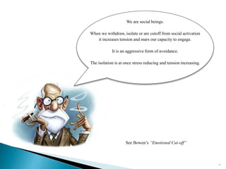 37
We are social beings.
When we withdraw, isolate or are cutoff from social activation
it increases tension and mars our capacity to engage.
It is an aggressive form of avoidance.
The isolation is at once stress reducing and tension increasing.
See Bowen’s “Emotional Cut-off”
 
