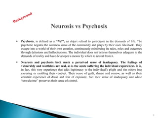  Psychosis, is defined as a “No!”, an abject refusal to participate in the demands of life. The
psychotic negates the common sense of the community and plays by their own rule-book. They
escape into a world of their own creation, continuously reinforcing its rules, roles and outcomes
through delusions and hallucinations. The individual does not believe themselves adequate to the
demands of reality and have developed a means by which to retreat from it.
 Neurosis and psychosis both mask a perceived sense of inadequacy. The feelings of
vulnerably and worthless are real, as is the acute suffering the individual experiences. It is,
in fact, this very experience that adds legitimacy to the individual’s plight and ties others into
excusing or enabling their conduct. Their sense of guilt, shame and sorrow, as well as their
constant experience of dread and fear of exposure, fuel their sense of inadequacy and while
“unwelcome” preserves their sense of control.
39
 