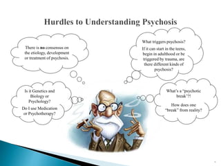 6
Is it Genetics and
Biology or
Psychology?
Do I use Medication
or Psychotherapy?
What triggers psychosis?
If it can start in the teens,
begin in adulthood or be
triggered by trauma, are
there different kinds of
psychosis?
What’s a “psychotic
break’?!
How does one
“break” from reality?
There is no consensus on
the etiology, development
or treatment of psychosis.
 