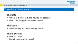 37
UX & Design Thinking - Approach
Three Major Components
The Data
• Where is it, what is it, and how do we access it?
• How does it support our users’ needs?
The Users
• Who are they and what do they need?
The BI System
• How do I use it?
• Does it make my life easier?
 