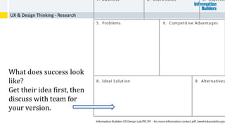 40
UX & Design Thinking - Research
What does success look
like?
Get their idea first, then
discuss with team for
your version.
 
