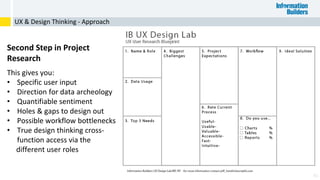 41
Second Step in Project
Research
This gives you:
• Specific user input
• Direction for data archeology
• Quantifiable sentiment
• Holes & gaps to design out
• Possible workflow bottlenecks
• True design thinking cross-
function access via the
different user roles
UX & Design Thinking - Approach
 