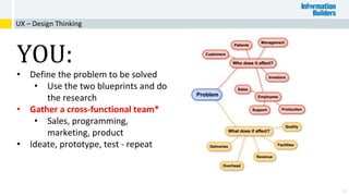 60
YOU:
• Define the problem to be solved
• Use the two blueprints and do
the research
• Gather a cross-functional team*
• Sales, programming,
marketing, product
• Ideate, prototype, test - repeat
UX – Design Thinking
 