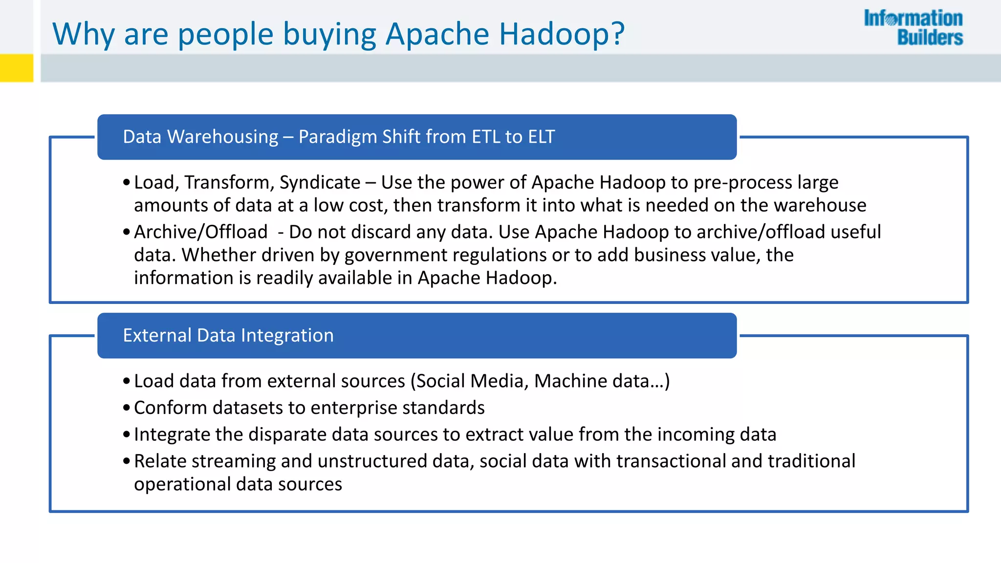 Why are people buying Apache Hadoop?
•Load, Transform, Syndicate – Use the power of Apache Hadoop to pre-process large
amounts of data at a low cost, then transform it into what is needed on the warehouse
•Archive/Offload - Do not discard any data. Use Apache Hadoop to archive/offload useful
data. Whether driven by government regulations or to add business value, the
information is readily available in Apache Hadoop.
Data Warehousing – Paradigm Shift from ETL to ELT
•Load data from external sources (Social Media, Machine data…)
•Conform datasets to enterprise standards
•Integrate the disparate data sources to extract value from the incoming data
•Relate streaming and unstructured data, social data with transactional and traditional
operational data sources
External Data Integration
 