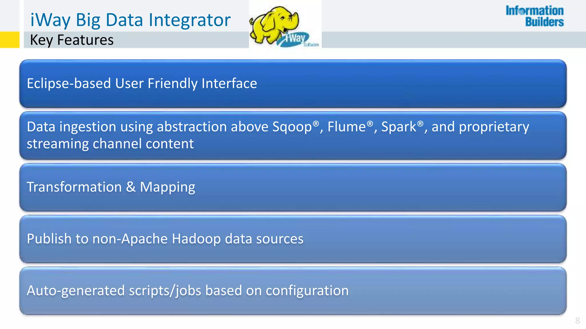 iWay Big Data Integrator
8
Key Features
Eclipse-based User Friendly Interface
Data ingestion using abstraction above Sqoop®, Flume®, Spark®, and proprietary
streaming channel content
Transformation & Mapping
Publish to non-Apache Hadoop data sources
Auto-generated scripts/jobs based on configuration
 