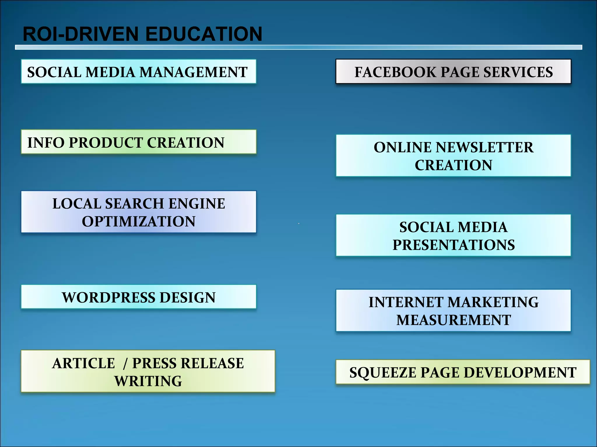 ROI-DRIVEN EDUCATION SOCIAL MEDIA MANAGEMENT INFO PRODUCT CREATION LOCAL SEARCH ENGINE OPTIMIZATION WORDPRESS DESIGN FACEBOOK PAGE SERVICES ONLINE NEWSLETTER CREATION SOCIAL MEDIA PRESENTATIONS INTERNET MARKETING MEASUREMENT ARTICLE  / PRESS RELEASE WRITING SQUEEZE PAGE DEVELOPMENT 