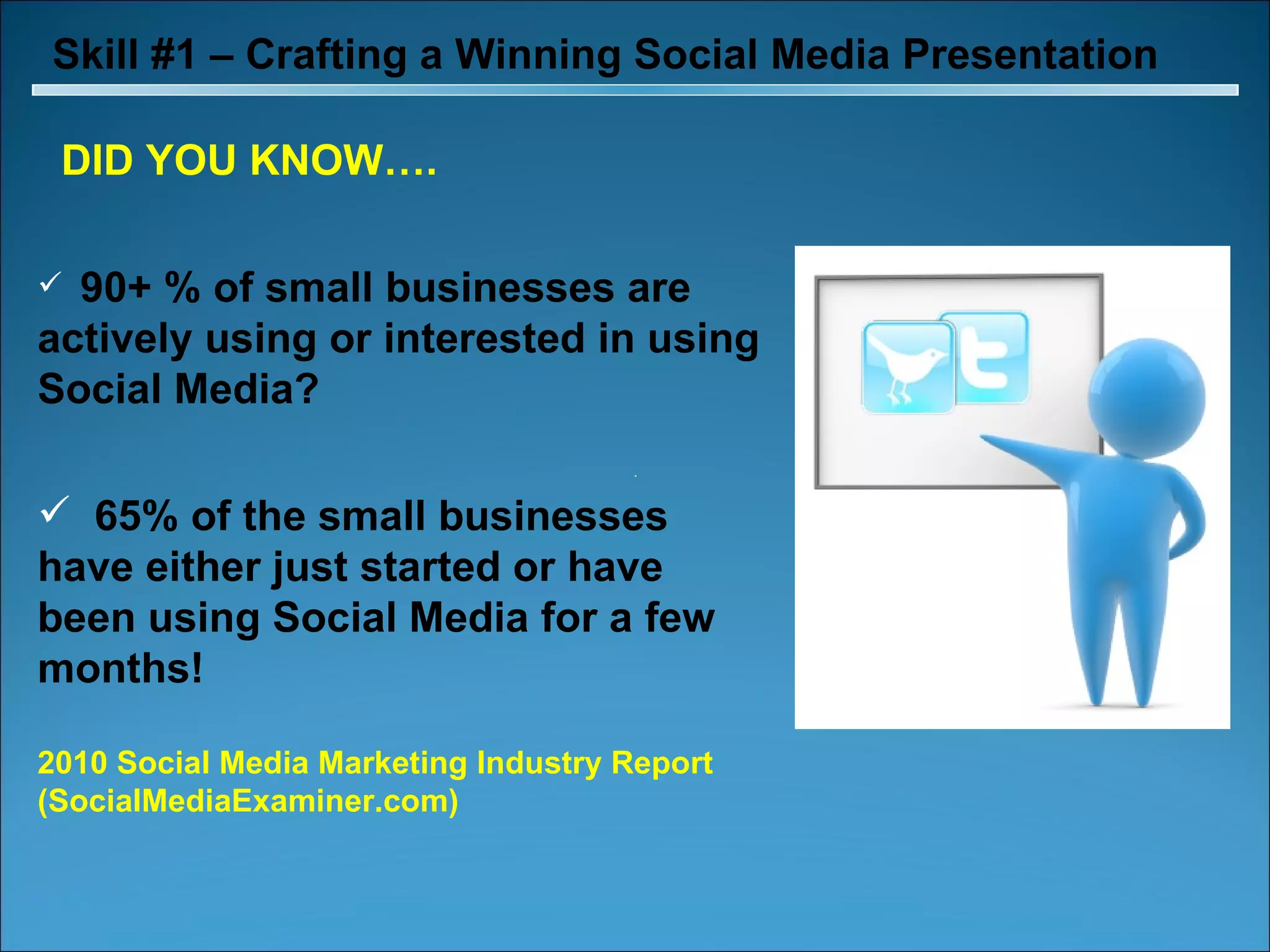 Skill #1 – Crafting a Winning Social Media Presentation DID YOU KNOW…. 90+ % of small businesses are actively using or interested in using Social Media? 65% of the small businesses have either just started or have been using Social Media for a few months!  2010 Social Media Marketing Industry Report (SocialMediaExaminer.com)  